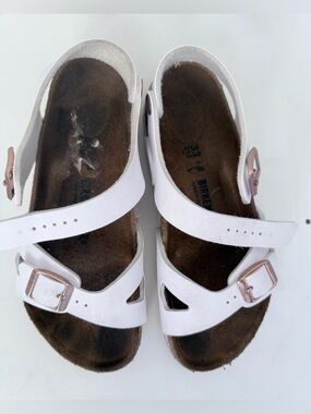 Birkenstock White Sandals with Rose Gold Buckles